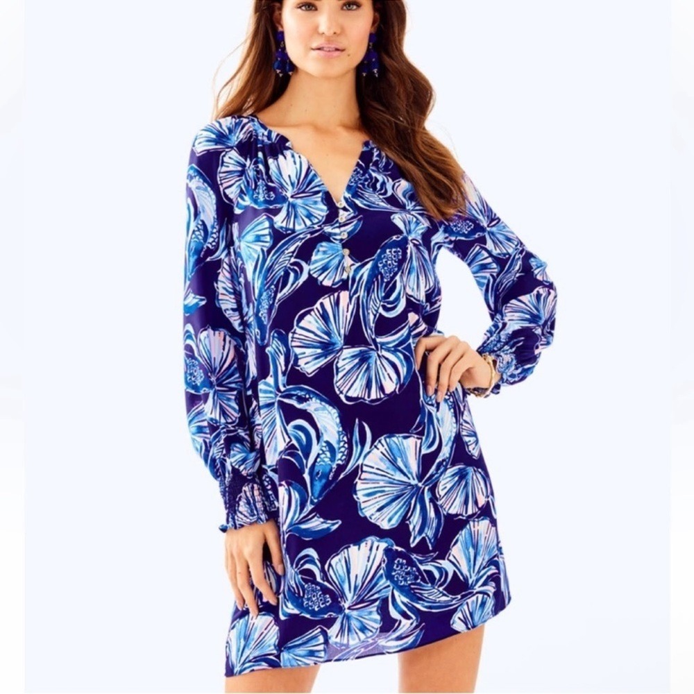 Lilly Pulitzer Brynle Bright Navy Blue In‎ Reel Life Long Sleeve V Neck Dress S
